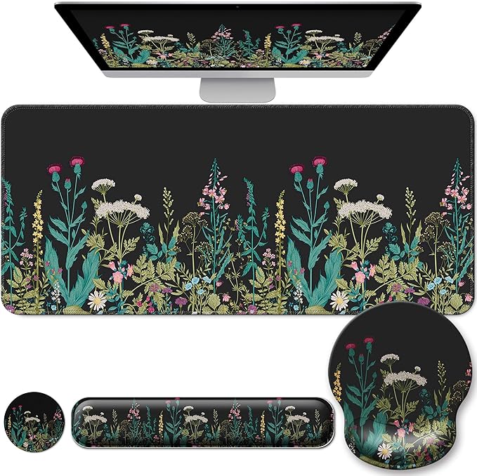 Desk Mat Set + Keyboard and Mouse Pad with Wrist Rest Support4-in-1 Large Mousepad Computer Mats for Desktop Home &amp Office-Floral Flowers