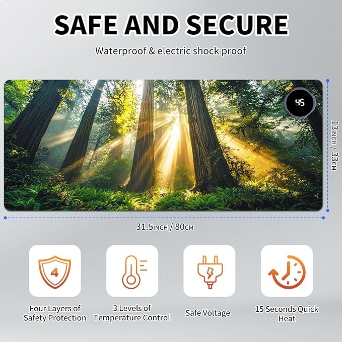 Heated Mouse Pad Hand Warmer Warm Desk Pad Mousepad Desk Mat with 3 Levels Heating and Auto Shut Down 31.5 x 13 inch PU Leather Warmer Keyboard Mat for Gaming Office Home Forest Tree Sunshine