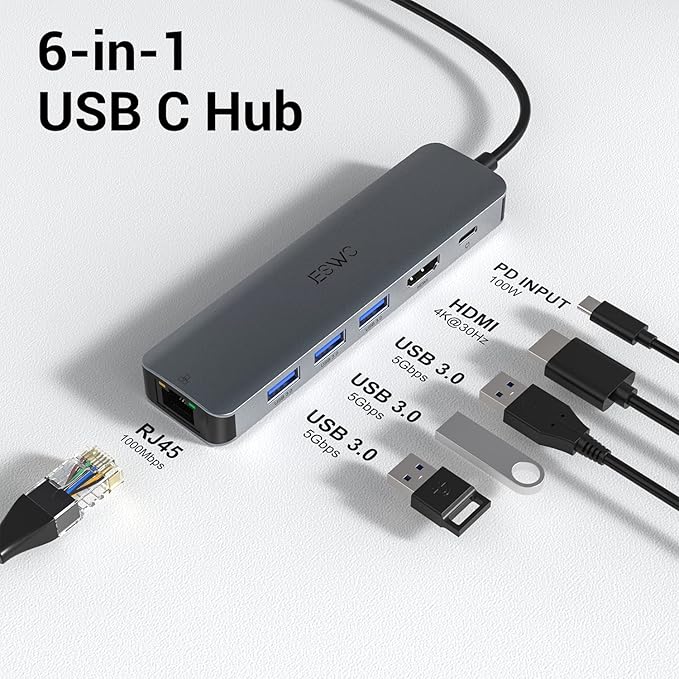 USB C Hub JESWO USB C Multiport Adapter Hub with RJ45 Ethernet 4K HDMI 100W PD 3 USB 3.0 Port Type C Dock for Thunderbolt 3 Laptop MacBook Air/Pro iPad Pro M1/M2 Mac Min