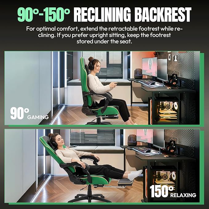 Dowinx Gaming Chair Big and Tall 350LBS Heavy Duty PC Gaming Chair with Massage &amp Footrest Ergonomic Reclining Gamer Chair with Embroidered Esports Design Green