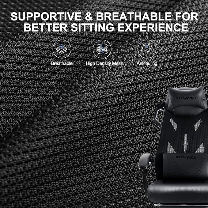 GTPLAYER Gaming Chair Computer Chair with Mesh Back Ergonomic Gaming Chair with Footrest Reclining Gamer Chair with Adjustable Headrest and Lumbar Support for Gaming and Office (Black)