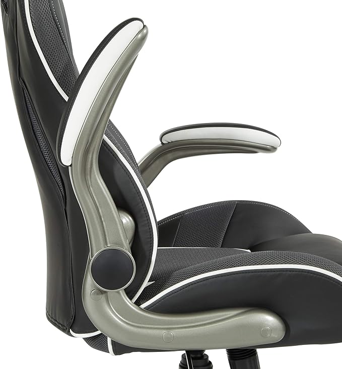 OSP Home Furnishings Xplorer 51 Ergonomic Adjustable High Back Gaming Chair with Lumbar Support and Padded Flip Arms Black Faux Leather with White Trim
