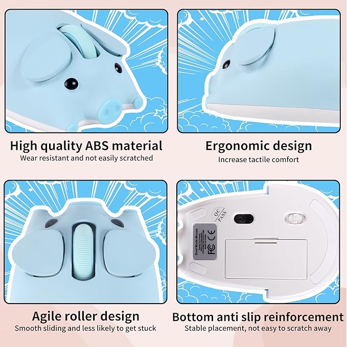 Bluetooth Mouse 2.4G Mice Cute Cartoon Pig Dual Mode (Bluetooth or 2.4 GHz Receiver) Computer Mice 1200 Silent Clicks Cordless Mouse for Laptop/Notebook/iPad/PC/Mac/Chromebook Office Home Gift(Blue)