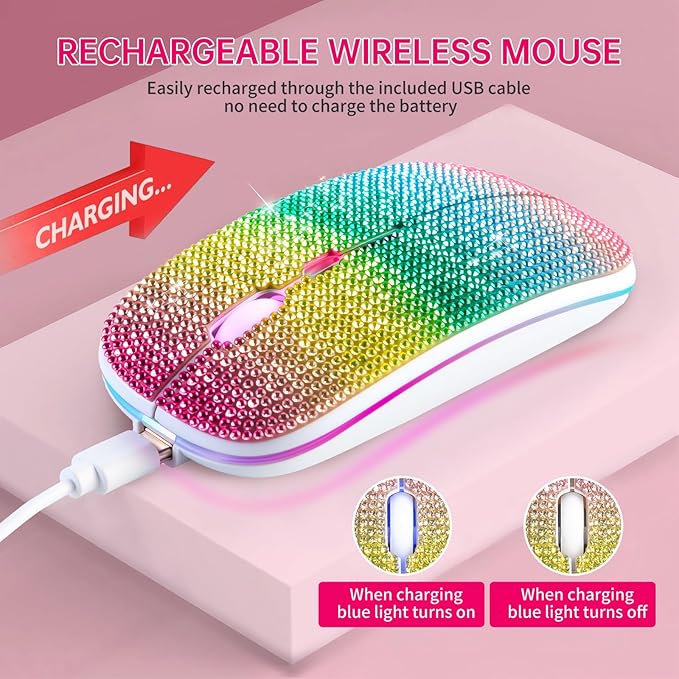 HXMJ Bling Dazzling Rechargeable 2.4G Wireless+Bluetooth MouseCovered with Crystal Diamond RhinestoneRGB BacklitGreat Gift idea for Her (Multicolor)
