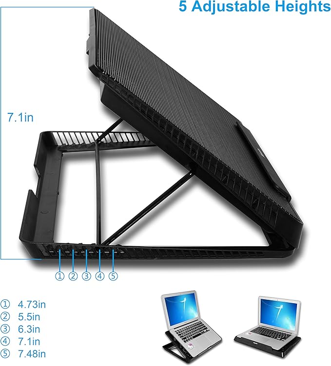 Portable Metal Mesh Laptop Cooler Cooling Pad 6 Quiet Fans w/Green LED Light 5 Adjustable Heights Up to 17 in Notebook 2 USB Interface w/Speed Control Switch Non-Slip - Black (11147)