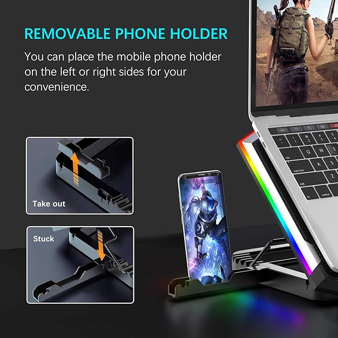 TopMate C11 Laptop Cooling Pad RGB Gaming Notebook Cooler Laptop Fan Stand Adjustable Height with 6 Quiet Fans and Phone Holder Computer Chill Mat for 15.6-17.3 Inch Laptops - Blue LED Light