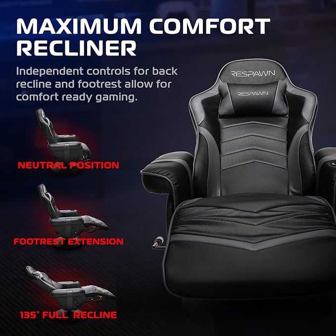 Respawn 900 Console Gaming Recliner with Footrest and Lumbar Support - Comfortable Ergonomic Gaming Chair with Headrest No Wheels Reclining Heavy Duty Racing Style Video Game Chairs - Gray