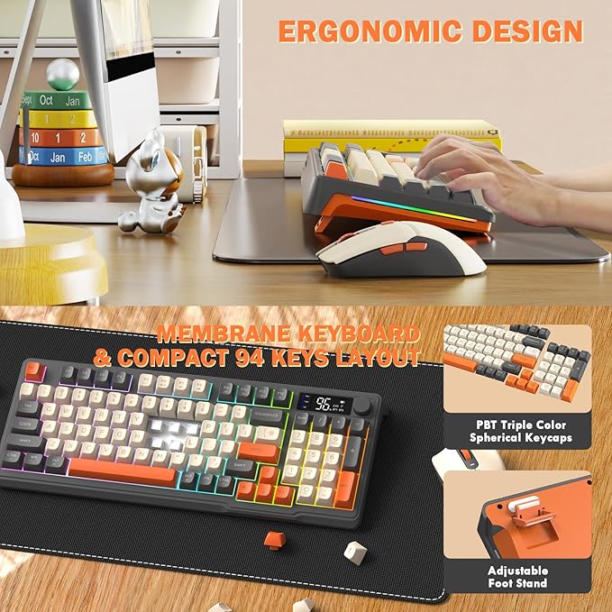 ZIYOU LANG T96 Wireless Gaming Keyboard and Mouse ComboDual Bluetooth//2.4G RGB Backlit Mechanical Feeling Keyboard with Smart Display &amp Knob4000 DPI Gaming Mouse for PC Laptop Mac Wins-Shimmer
