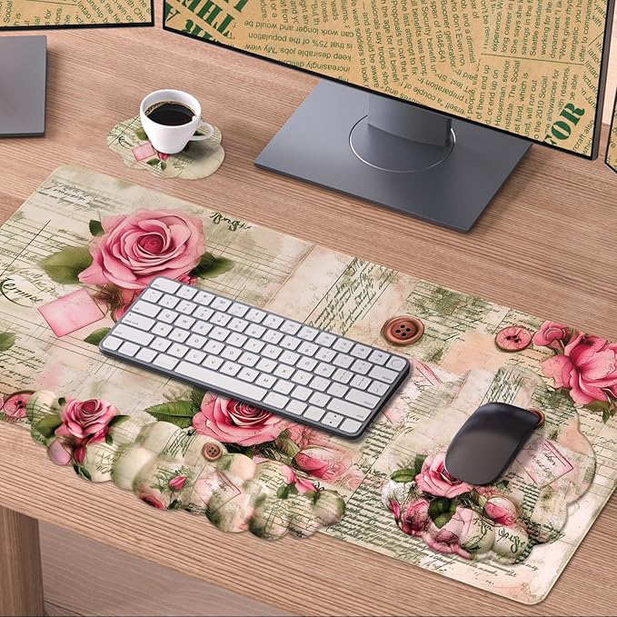 Conmputer Desk Mat Set 4 in 1 Cloud-Shaped Ergonomic Wrist Rest Set Mouse Pad with Non-Slip Base Memory Foam Silicone Lining Keyboard Wrist Rest Computers Offices Gaming Woody Pink Rose