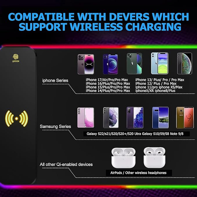 15W Wireless Charging RGB Gaming Mouse Pad XXL Large Desk Mat (31.5 x 11.8 x 0.16) with 13 Light Modes Compatible with iPhone 17/16/15/14/13/12/11 Samsung S23 and AirPods