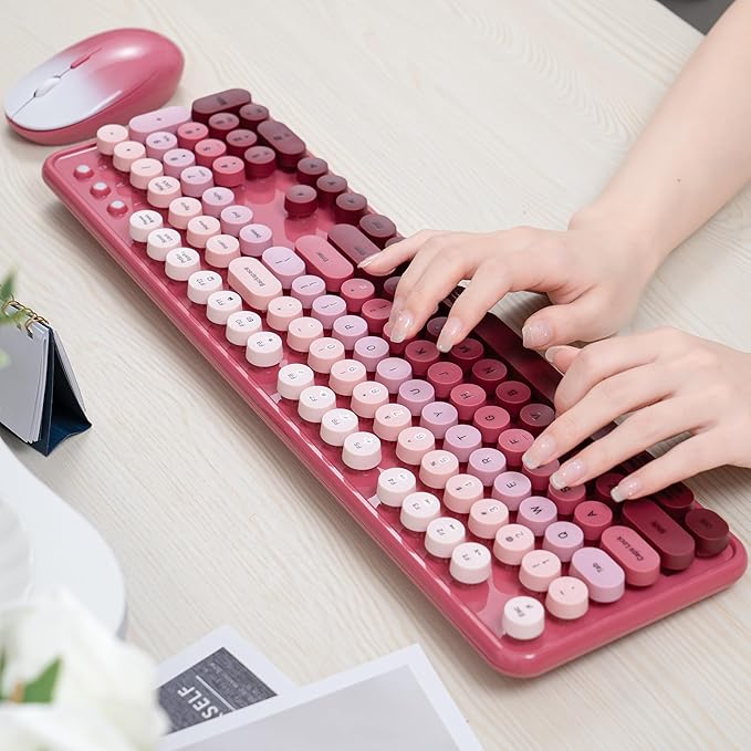 Colorful Wireless Keyboard and Mouse Combo COVEVA 2.4GHz Wireless Retro Cute Round Keycaps Keyboard 104 Keys Full-Sized Keyboard Mouse Set with Switch Button for PC Laptop Desktop (Pink Gradient)