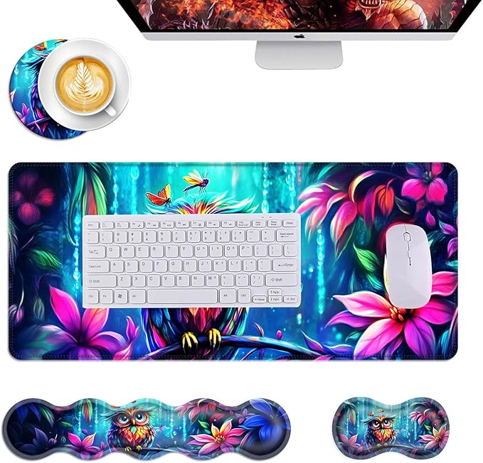 Mouse PadLarge Desk Mat Set 4in1 XL Mousepad + Keyboard Wrist Rest+Mouse Wrist Rest+Coaster with Ergonomic Desk Pad for Home Office Table Computer Cover -Owl Flowers Dragonflies