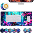 Mouse PadLarge Desk Mat Set 4in1 XL Mousepad + Keyboard Wrist Rest+Mouse Wrist Rest+Coaster with Ergonomic Desk Pad for Home Office Table Computer Cover -Owl Flowers Dragonflies