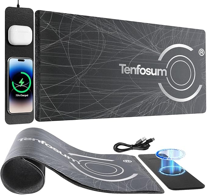 Wireless Charging Mouse Pad 30x15 XXL Large Desk Mat with Wireless Charger Two Layers Thicken PU+Felt Waterproof Mousepad for Laptop 2 in 1 Charging Station for iPhone