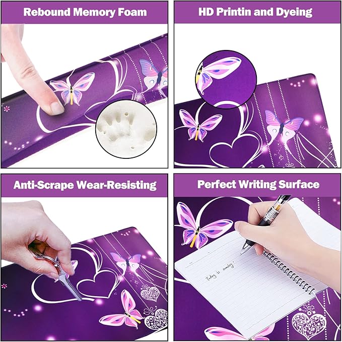 ARTSO Large Gaming Mouse Pad Keyboard Wrist Rest Pad &amp Wrist Support Mousepad Set Stitched Edge Extended Non-Slip Base Memory Foam Desk Mat for Office Home Purple Heart Butterfly