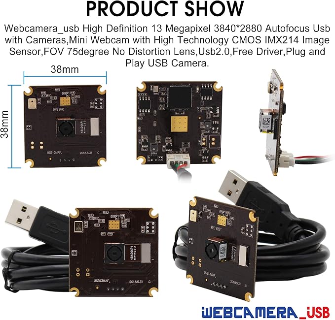 13mp USB Camera Module with Microphone Autofocus Audio Video Webcam Board for Computer Mini UVC USB2.0 PC Camera Industrial Embedded USB with Camera IMX214 Lightburn Camera for Laptop Jetson Nano