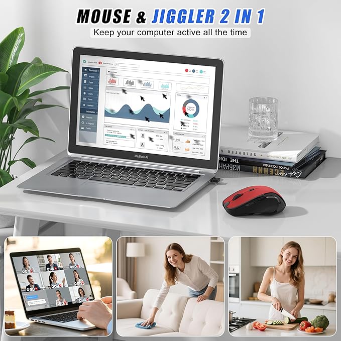 Bluetooth Wireless Mouse 2.4G Ergonomic Rechargeable Computer Mouse for MacBook Air iPad Pro PC with Jiggler Mode 3 DPI Levels &amp Forward/Back Buttons Laptop Mice for Office/Home/School - Red