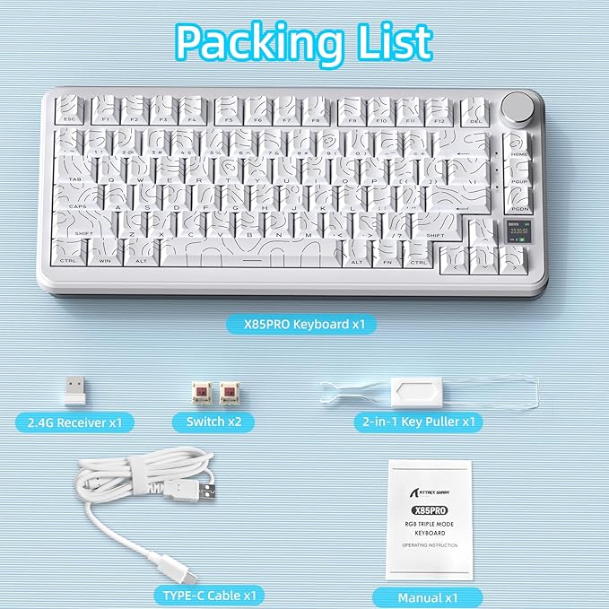 ATTACK SHARK X85PRO 75% Wireless Mechanical KeyboardTFT Smart Display &amp KnobBT/2.4GHz/Wired Gaming KeyboardContour Side Print Shine-through KeycapsRGBHot-Swapwith Pro Cable for PC/MAC (Whit