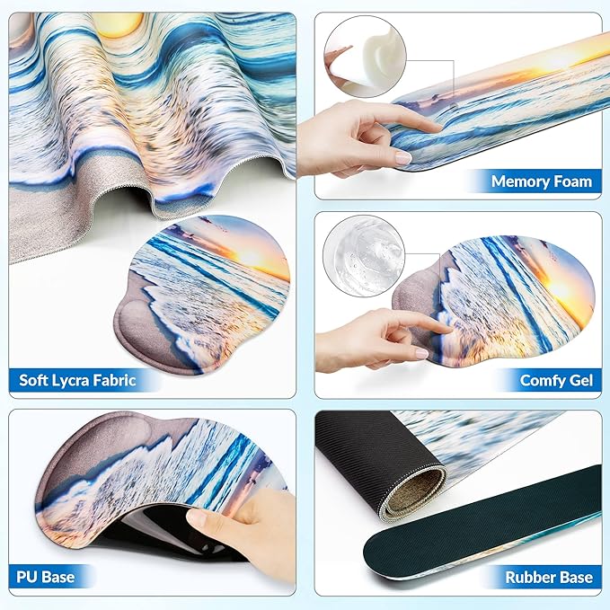 Desk Mat Set + Keyboard and Mouse Pad with Wrist Rest Support4-in-1 Large Mousepad Computer Mats for Desktop Home &amp Office-Blue Sunset Beach