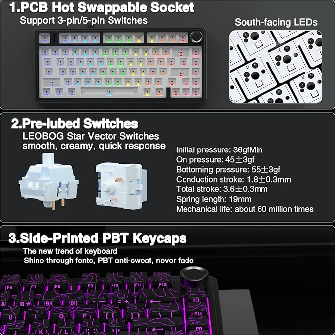 AULA F75 Pro Wireless Mechanical Keyboard with Knob75% Hot Swappable Custom Gaming KeyboardsRGB BacklitPre-lubed SwitchesSide Printed PBT Keycaps Creamy Sounding Computer Keyboard Line Black