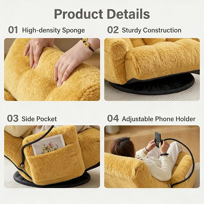 Gaming Chair Floor Sofa Gaming Lounge Chair with 14-Section Head &amp 3-Section Waist Adjustment 360° Swivel &amp Spring Seat for Gaming Napping Reading Dorm Small Apartment (Yellow)