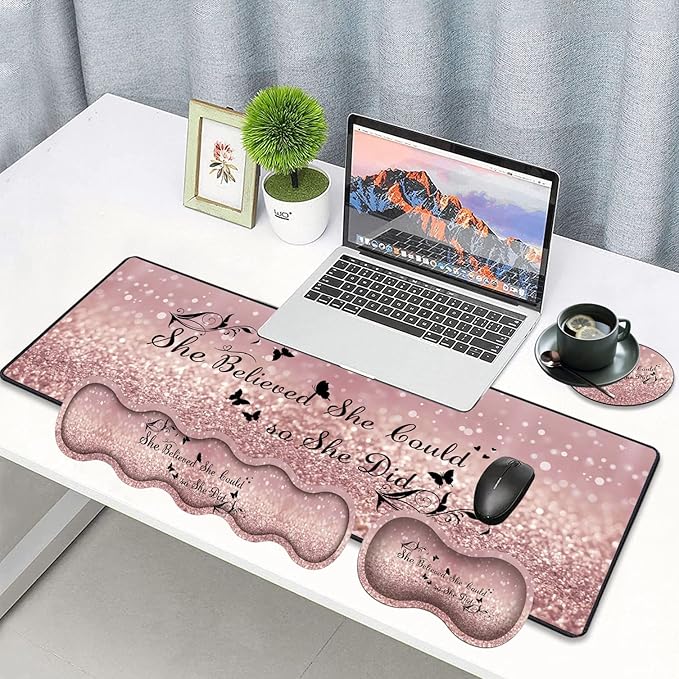 Large Gaming Mouse Pad Keyboard Wrist Rest pad + Mouse Wrist pad + Coaster Set Extended Waterproof Non-Slip Table mat Suitable for Home Office Learning Games - She Believed She Could So She Did