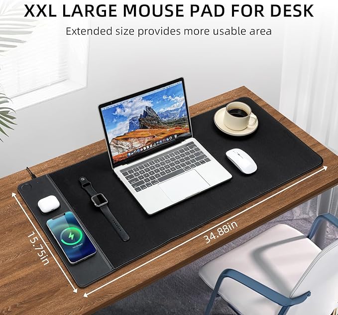 3 in 1 Wireless Charging Mouse Pad Gaming Mousepad with Wireless Charger Multiple Devices Compitable with Watch/iPhone/Airpods Large Desk Mat 90 x 40cmDesk Pad for MacBook PC Laptop-Black