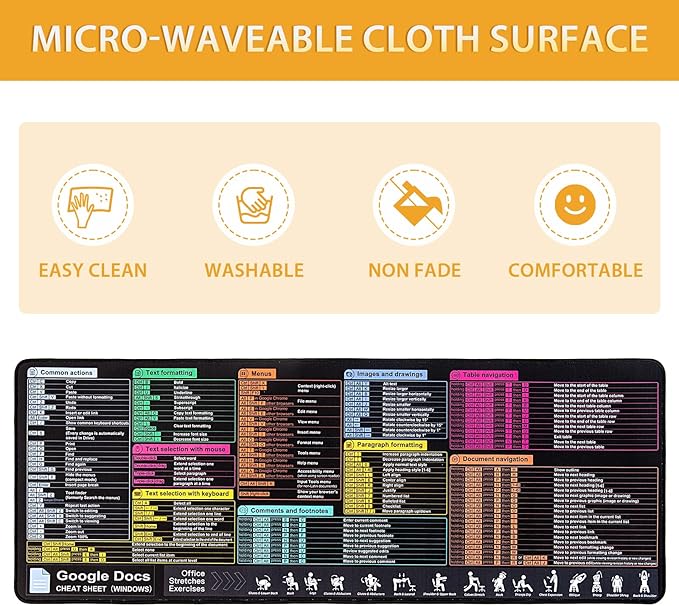 Google Docs Cheat Sheet Mouse Pad Large Mousepad for Google Docs Shortcuts Extended Gaming Pad for Mouse and Keyboard High Definition Printing StitchingWaterproof Anti Slip(Windows)