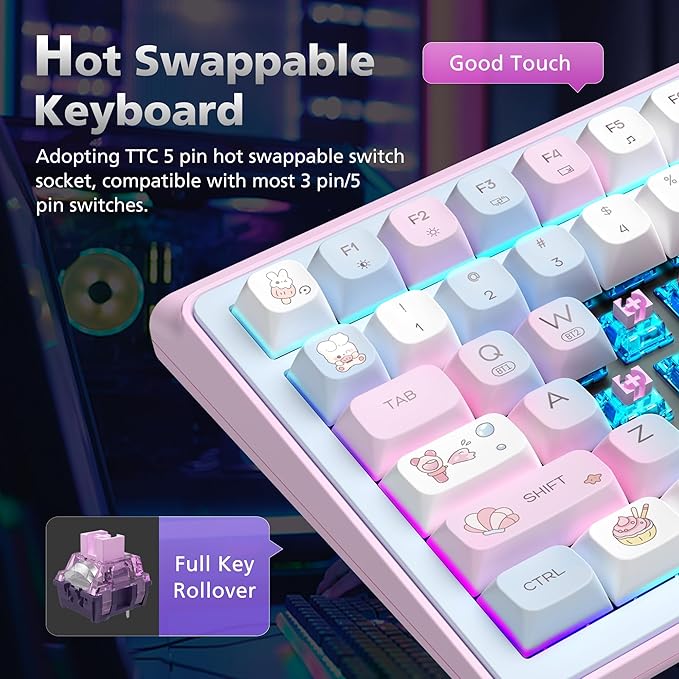 H98 Wireless Mechanical Keyboard96-Key Hot-Swappable Wired Gaming KeyboardTri-Mode Bluetooth 5.0 2.4G USB-C1.14 Color ScreenDouble Knob6000mAhRGBPBT Keycaps for PC Mac iPad-Pink