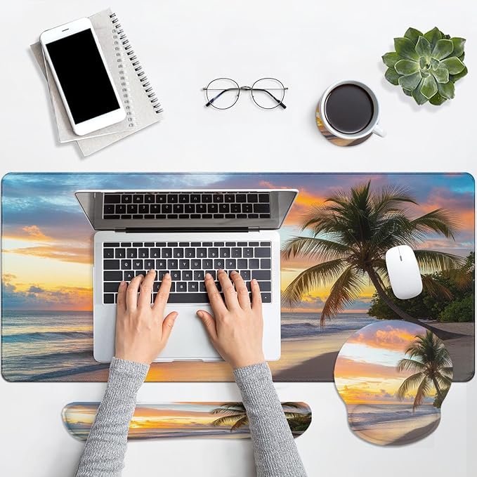 Arttown Sunset Ocean Desk Mat Tropical Beach Mouse Pad Set 4 in 1 Summer Sea Ergonomic Design Large Desk Pad + Keyboard Wrist Rest + Mouse Wrist Rest + Coaster Suitable for Home Office Study Game