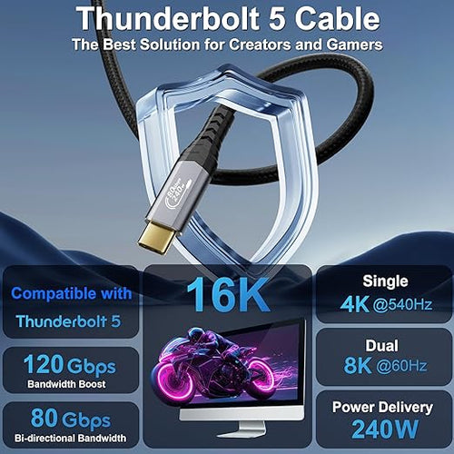 16K USB c Monitor for Thunderbolt 5 Cable80Gbps Data16K Dual 8K Video240Wfor USB 5Thunderbolt 4 MacBook HubDockeGPULaptopsDisplay SSD usbc to usbc Monitor Cable 3.3FT/1m