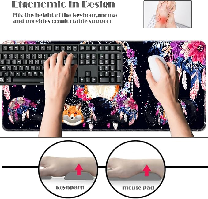 Ergonomic Keyboard Wrist Rest &amp Mouse Pad Wrist Rest SetXL Gaming Desk Mat 31.5x 11.8Non-Slip BaseMemory FoamEasy Typing Pain Relief for Office &amp HomeFox in Floral Dreamcatcher