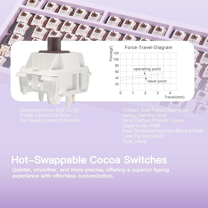 KEEBMONKEY WOBKEY Rainy 75 CNC Aluminum HMX/JWK/Cocoa Switches Triple-Mode Connectivity Mechanical Keyboard with Superior Acoustics RGB/FR4/Silver SUS304/7000mAh/Cocoa Switch (Pro - Purple)