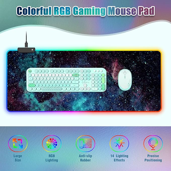 RGB Mouse Pad Led Desk Mat I 31.5 x 11.8 Inch Large Mouse Pad I XL Oversized Big Mouse mat 14 Led Light Modes I Anti-Slip Rubber Base Waterproof Keyboard Pad for PC Gaming I Stellar Nebula