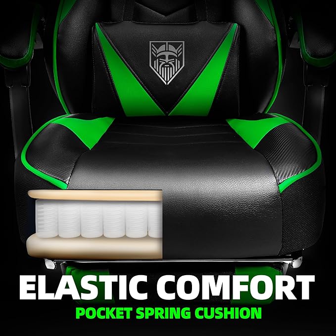 Vonesse Gaming Chair High Back Gaming Chair with Footrest and Massage Gaming Chairs for Adults with Pocket Spring Cushion Big and Tall Reclining Computer Chair with Lumbar Support (Green/Black)