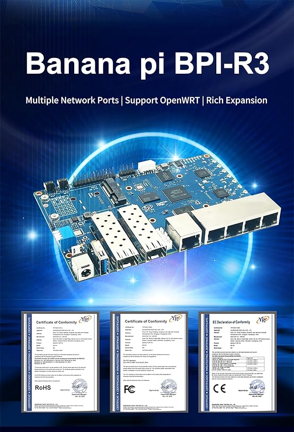 youyeetoo BPI-R3 WiFi 6 Router Development Board with MediaTek MT7986 Chip 2GB DDR RAM 8GB eMMC Flash Dual GbE LAN for IoT Router Projects M.2 Key-E PCIe Interface (Banana pi R3 Router Board Kits)