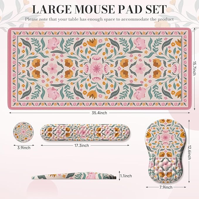 Keyboard Wrist Rest and Table Mat Set Desk Cover matPink Mouse pad with Wrist Rest with Coaster for Office TableNon Slip mat for Girly Office Accessories-Floral