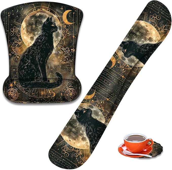 Mouse Wrist Rest and Keyboard Wrist Rest Pad+ Coaster Set Non-Slip Rubber Base Smooth Surface Ergonomic Gaming Mouse Pad for Easy Typing and Pain Relief Divination Black Cat