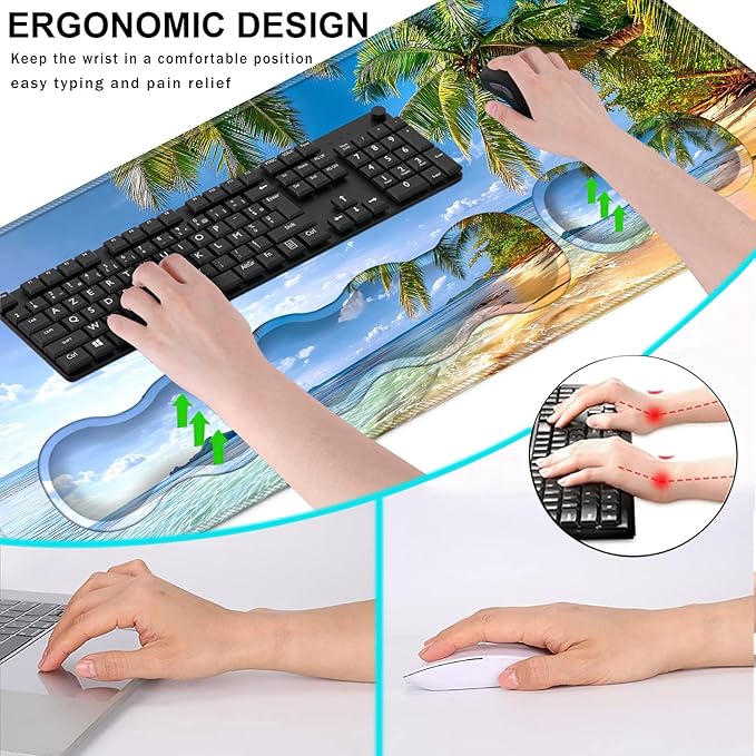 Keyboard Wrist Rest and Mouse Pad with Wrist Support Set Ergonomic CoasterMemory FoamEasy Typing Pain ReliefLarge XL Desk Mat 31.5x 11.8Shore Palms Tropical Beach