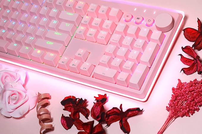 i-rocks K71M RGB Mechanical Gaming Keyboard with Media Control Knob Switches (Brown) 107 Keys w/Full NKRO PBT Keycaps Multimedia Hotkeys Detachable USB-C Cable and Onboard Storage Pink