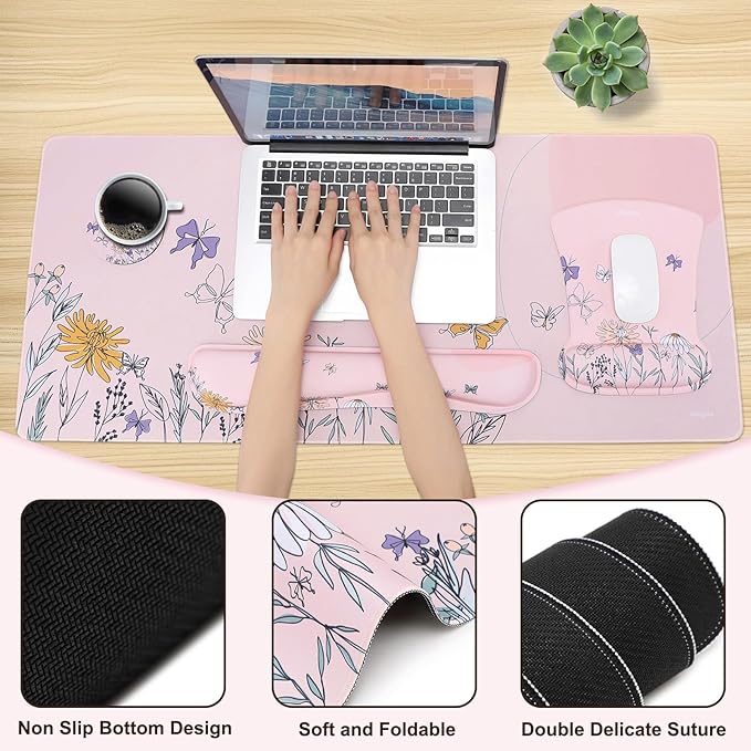MEGREZ 4-in-1 Ergonomic Memory Foam Wrist Rest Set Desk Pad Mouse Pad with Wrist Rest Keyboard Pad Suitable for Office Workers Programmers &amp Gamers–Relieve Typing &amp Gaming Fatigue Light