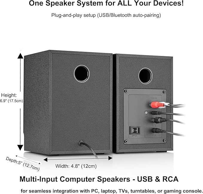 Computer Speakers for Desktop PC - 60W Bluetooth Stereo Sound with Bass Active Powered Speakers for Home Audio Monitor Laptop Gaming &amp TV (Black Pair)