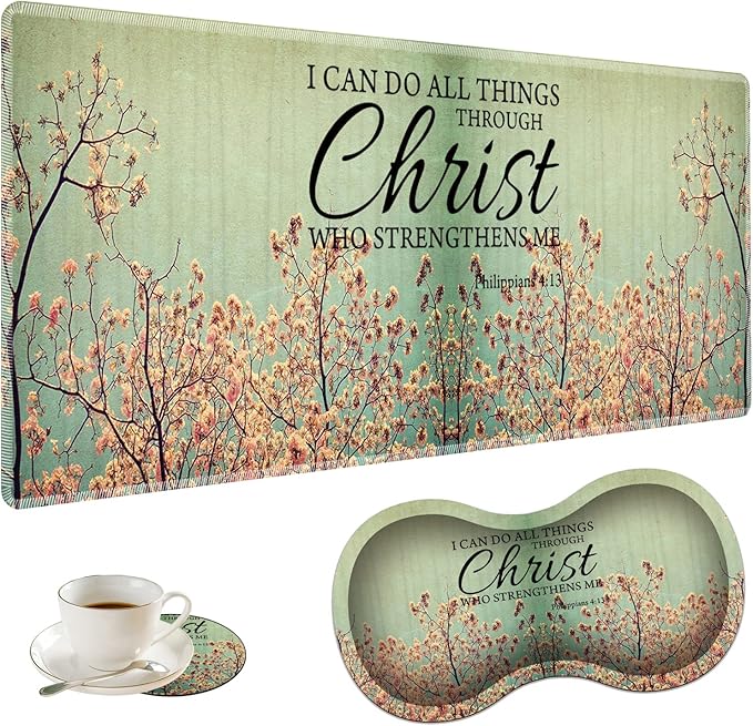 Large Gaming Mouse Pad + Mouse Wrist Rest Pad + Coaster Combination 31.5 x 11.8 Durable Non-Slip Extension Table Mat Suitable for Office and Home Philippians 4-13 Floral