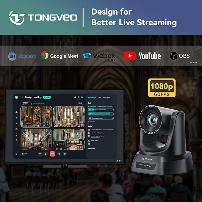 TONGVEO Conference Room PTZ Camera System with 20X Optical Zoom AI Auto Tracking 1080P 60fps HDMI USB Webcam for Church Streaming Online Video ConferenceCompatible with Zoom OBS Easy Setup