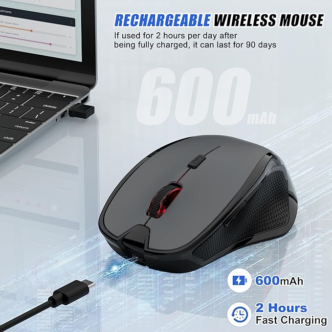 Bluetooth Wireless Laptop Mouse for MacBook Air Pro iPad Mac Ergonomic Rechargeable Mouse with Jiggler Mode 2 Mode Bluetooth &amp 2.4G USB-A/USB-C Receiver Silent Optical Computer Mice Grey