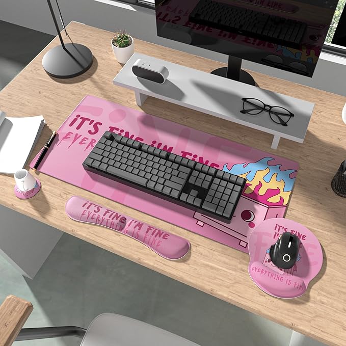 Ovenbird Mouse Pad Set 4-in-1 | Large Gaming Mousepad Keyboard Wrist Rest Mouse Wrist Support Coaster | Ergonomic Office Desk Mat Accessories for Women Men | 4PCS 35.4 x 15.7in Pink Dumpster