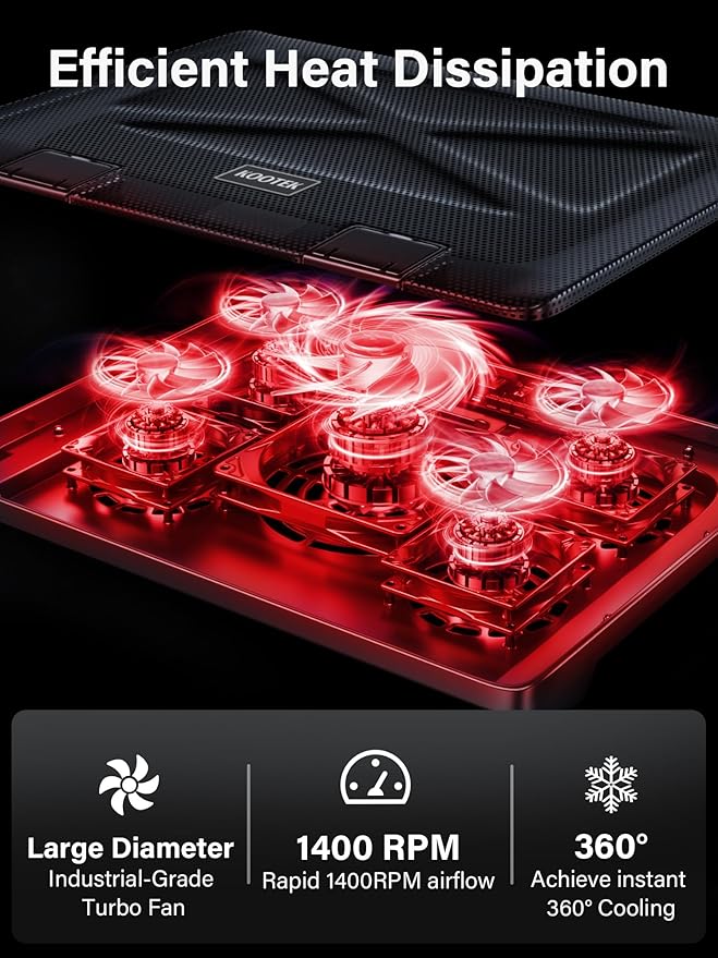 Kootek Laptop Cooling Pad Laptop Cooler with 5 Quiet Fans for 12-17 Computer PC Notebook Gaming Laptop Fan Height Adjustable Laptop Cooling Stand Laptop Accessories Red