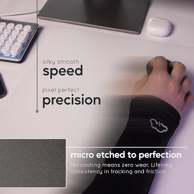 Qloud Glass Mouse Pad Large Pro Esports Glass Mousepad Gaming Pad for Speed and Precision Glasspad Mousepad Includes Gaming Sleeve Ice Dot Skates and Microfiber Cloth 17.72 x 14.96 (02 - White)