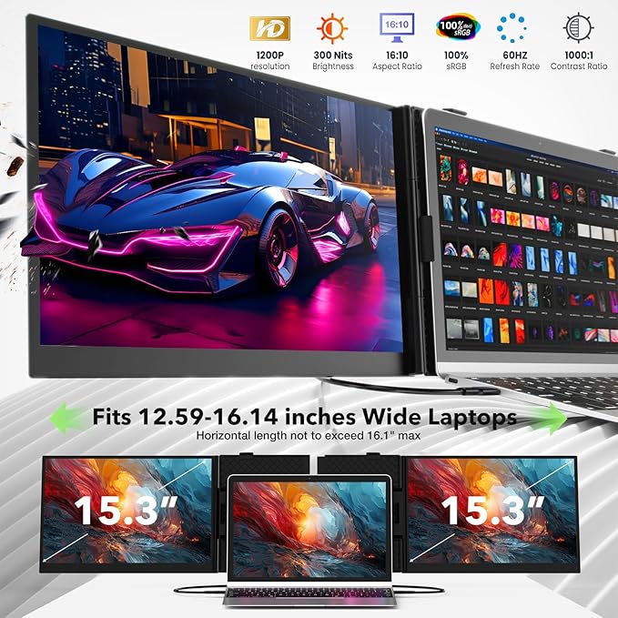 Laptop Screen Extender Ultra-Thin 15.3 FHD 1200P 16:10 Portable Monitor for Laptop Lightweight Travel Monitor Extender Plug &amp Play for 14-17.3 Laptops Compatible with Wins/Mac/Android/Chrome