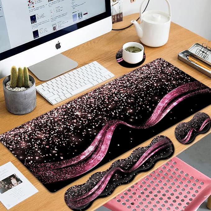 Extended Gaming Mouse Pad 31.5x11.8 Big Desk Mat Ergonomic Memory Foam Keyboard Wrist Rest Support for Home Laptop Working Office Desk Pad with Non-Slip BaseRose Gold Sparkle Large Mouse Pad
